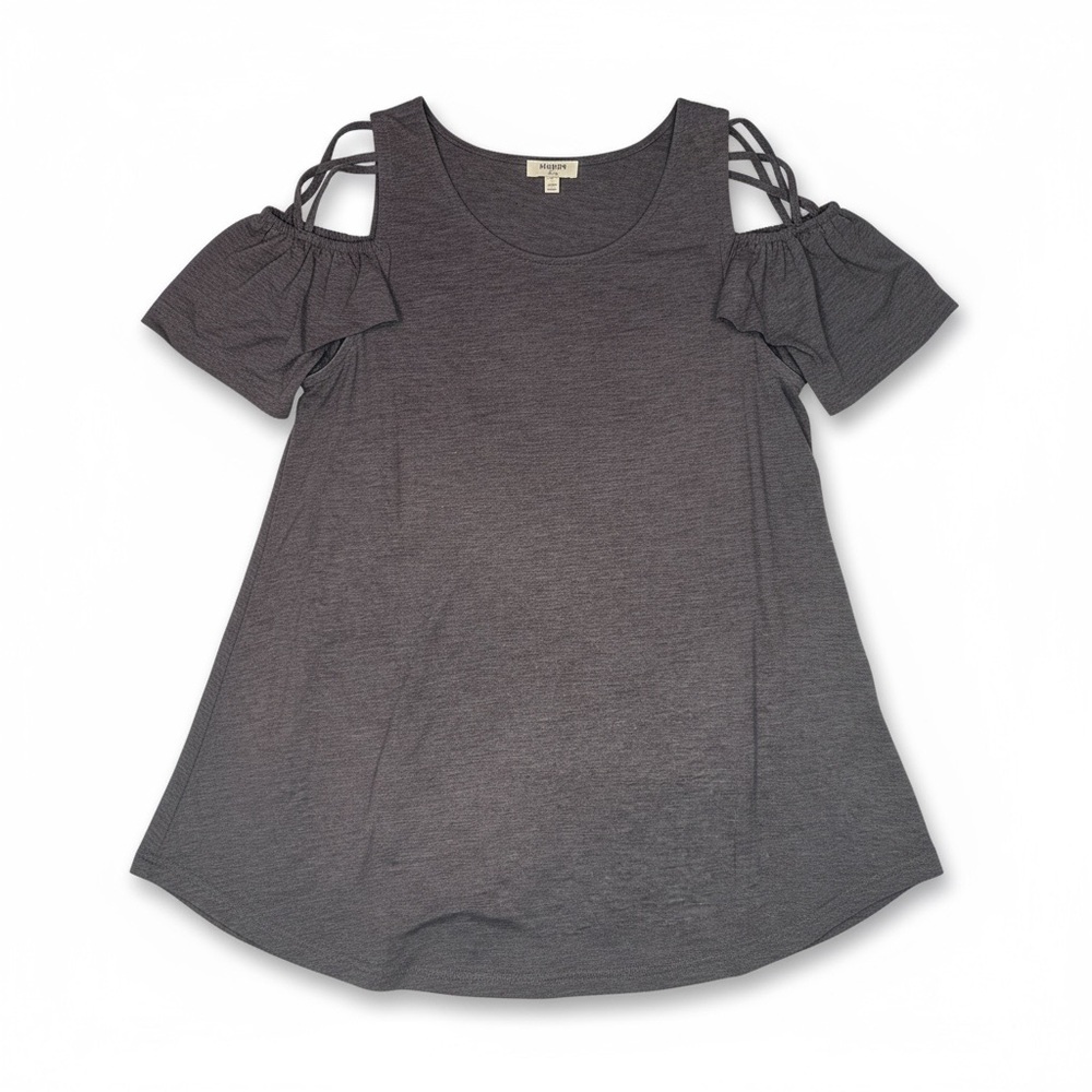 Umgee Cold Shoulder Gray Top with Strappy Sleeve Detail | Size Large